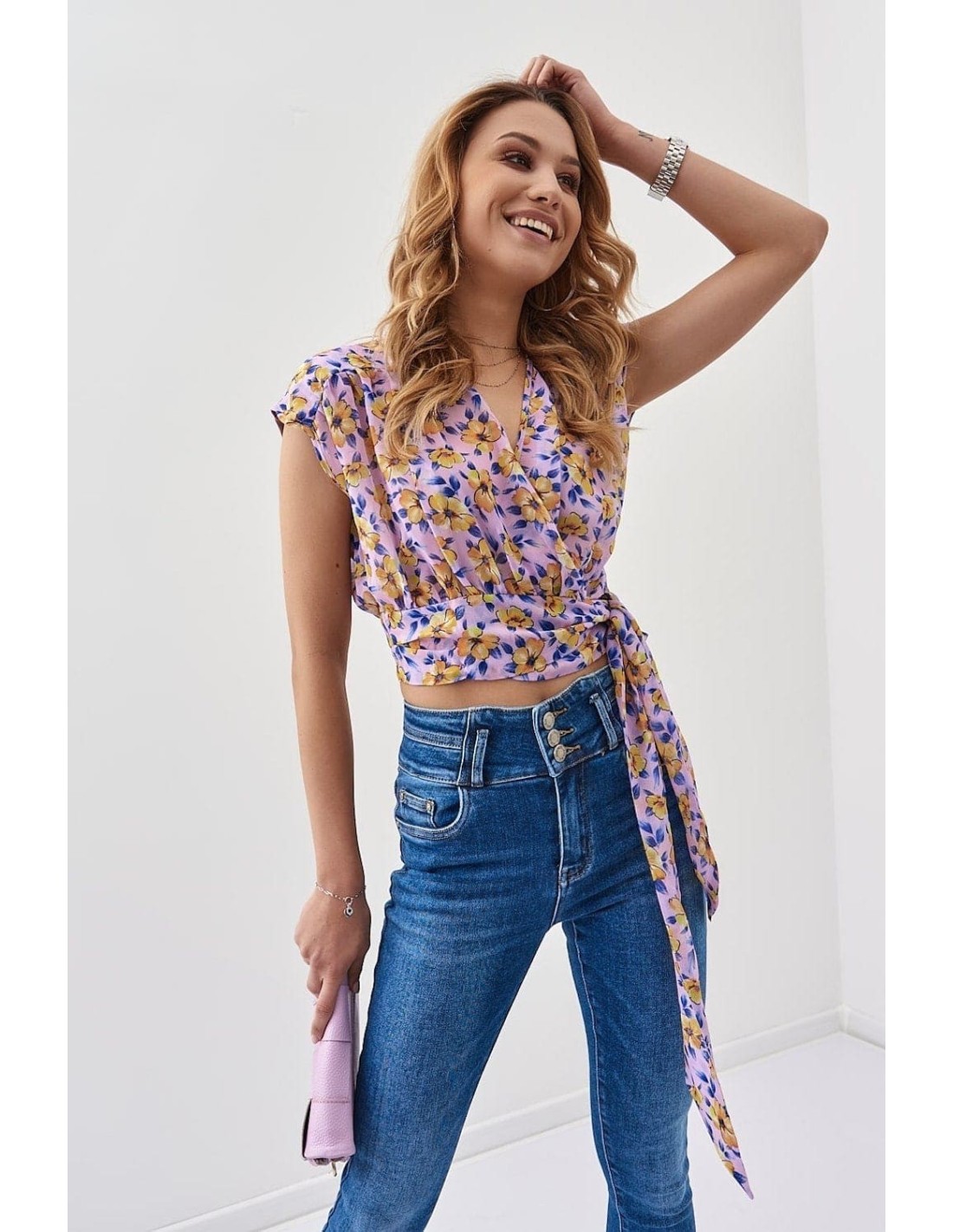 Bluza din sifon cu cravate imprimeu floral, liliac si galben 20450 - Magazin online - Boutique